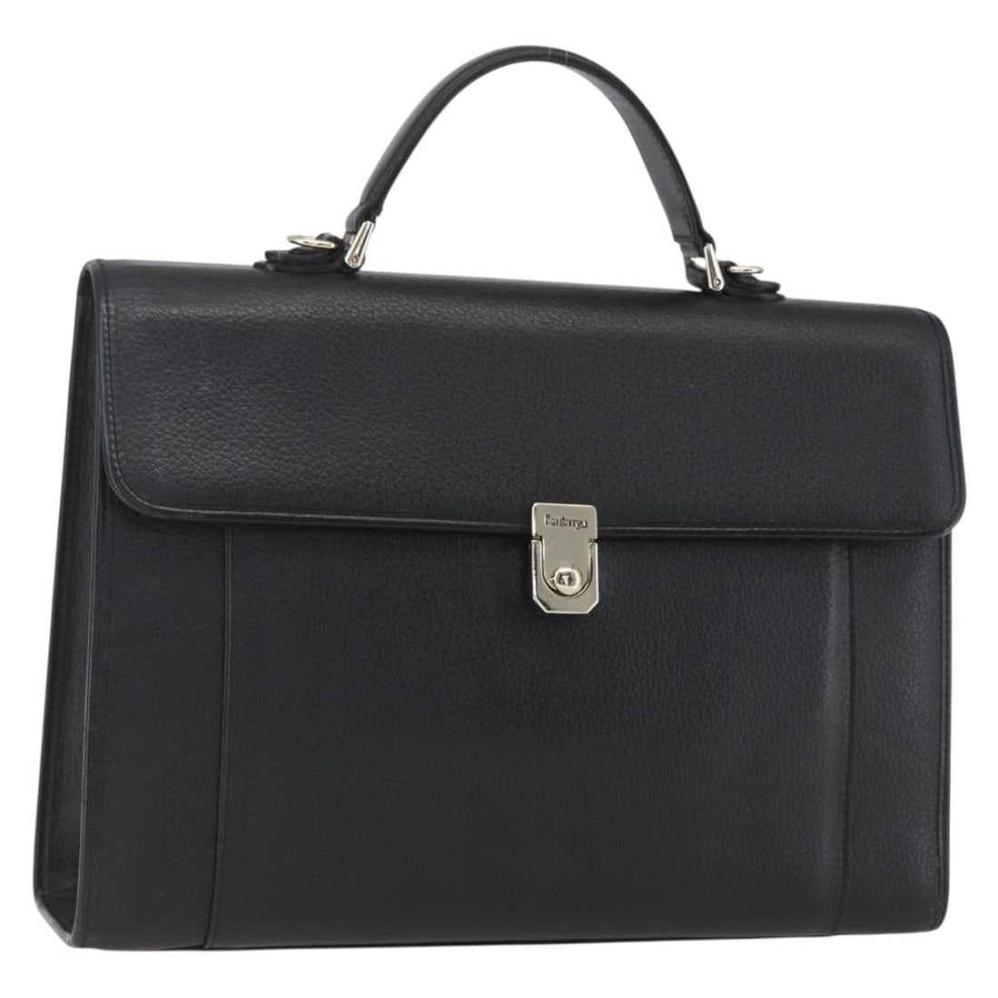 Black Leather Business Briefcase by Burberrys with Silver Accents: Black Leather Business Briefcase by Burberrys with Silver Accents This Burberrys business bag features a black leather exterior with silver-tone accents. Designed for functionality and style, it offer