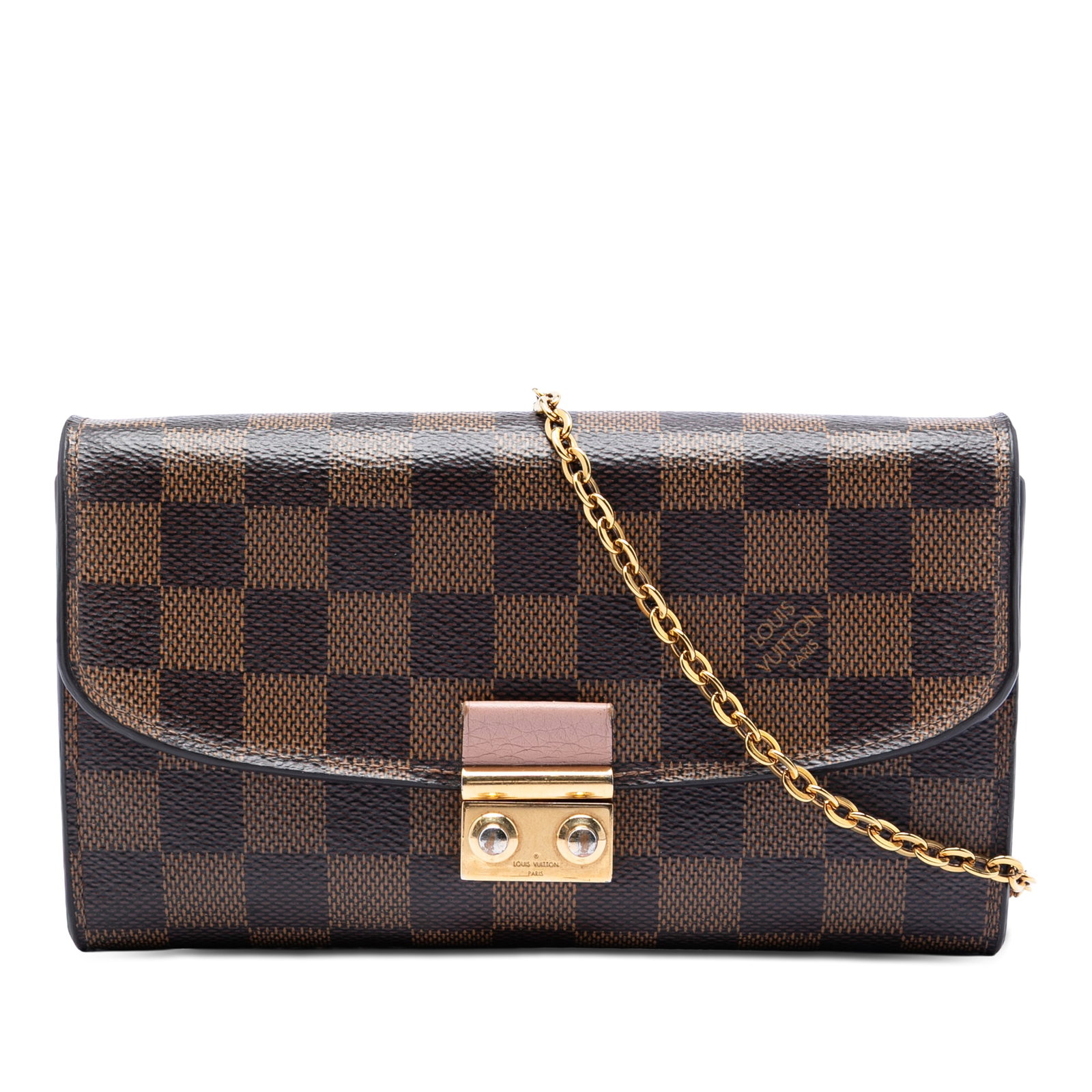 Louis Vuitton Croisette Chain Wallet in Damier Ebene Canvas: Louis Vuitton Croisette Chain Wallet in Damier Ebene Canvas Louis Vuitton Croisette chain wallet in Damier Ebene canvas with a front flap and push lock closure. The design includes a gold tone chain s