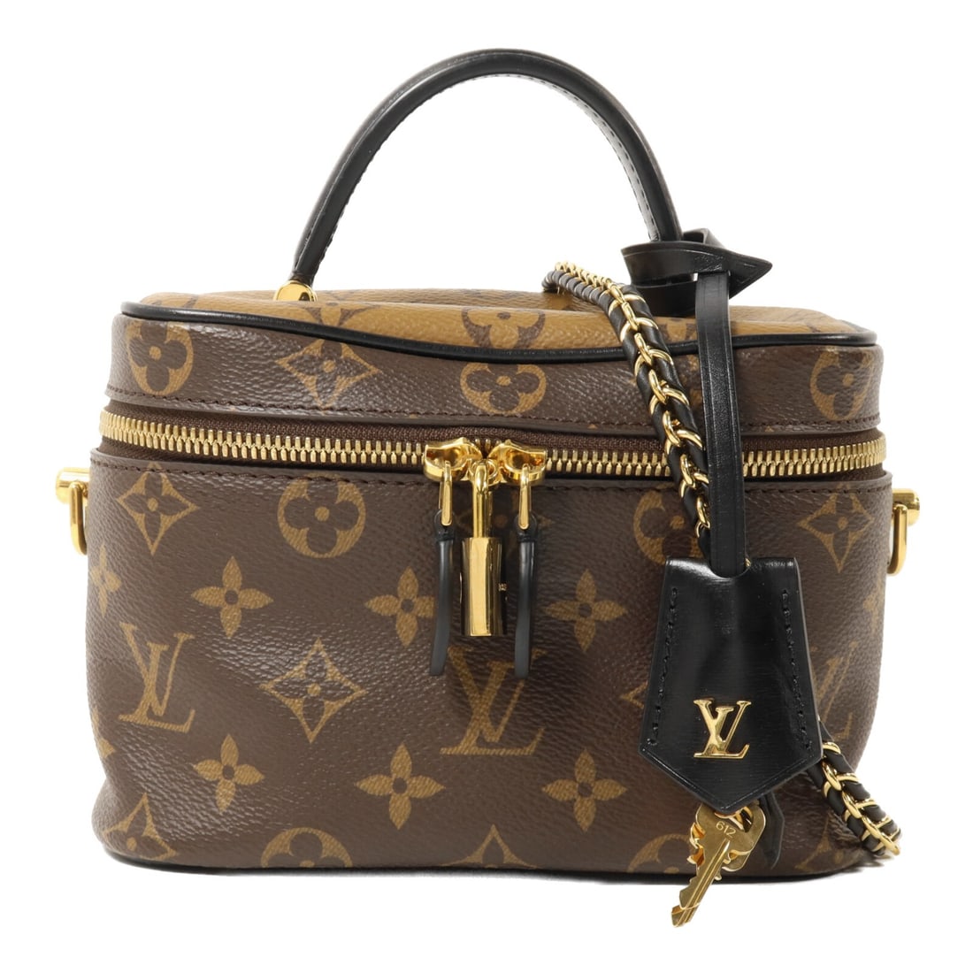Louis Vuitton M45165 Vanity PM Monogram Reverse Shoulder Bag Brown: Louis Vuitton M45165 Vanity PM Monogram Reverse Shoulder Bag Brown A Vanity PM Chain Shoulder Bag in brown Monogram Reverse and PVC coated canvas. This model features a chain shoulder strap, top handl
