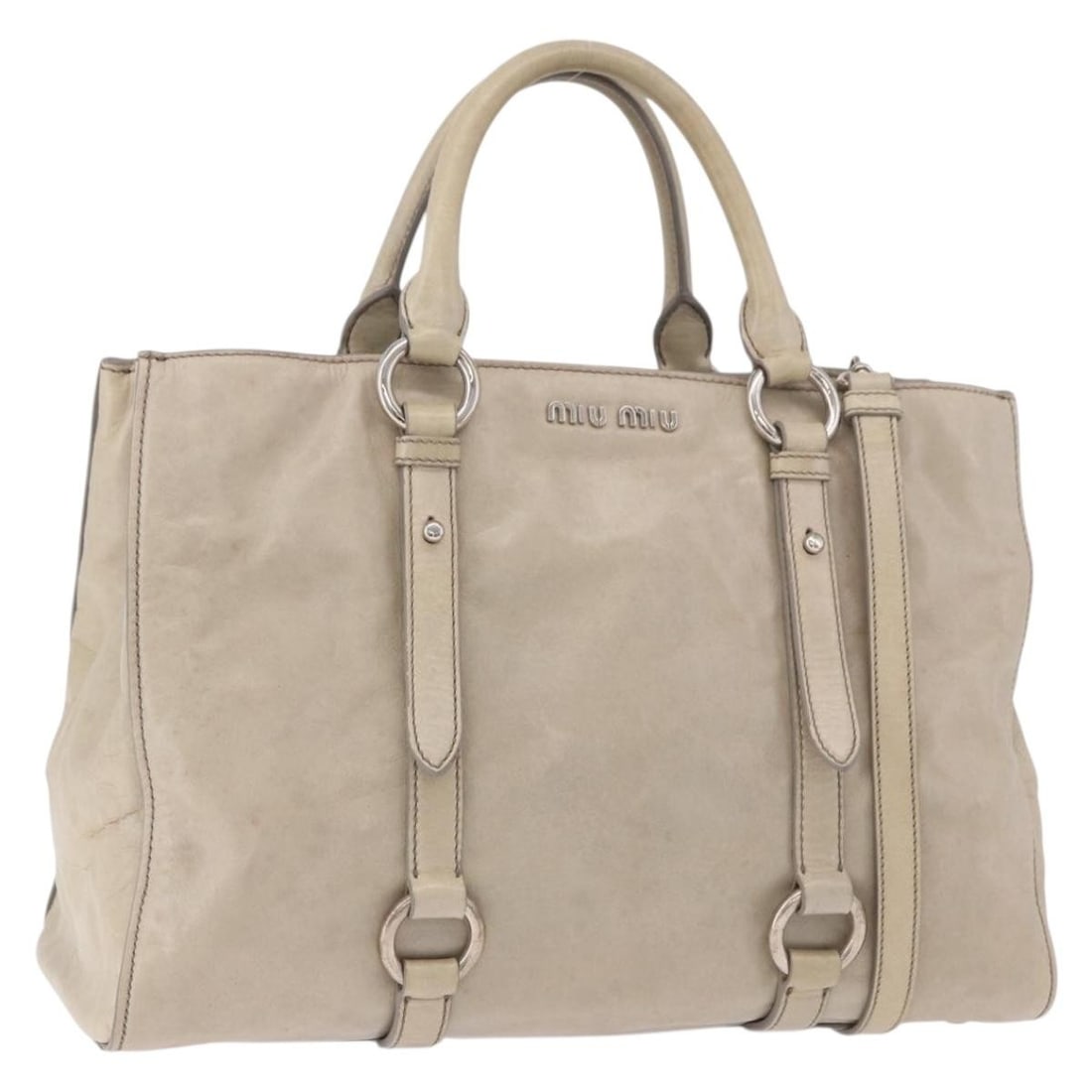 Miu Miu Gray Silver Leather 2way Handbag with Strap: Miu Miu Gray Silver Leather 2way Handbag with Strap Miu Miu leather hand bag in gray and silver, designed for women and made in Turkey. This 2-way bag comes with a shoulder strap and dust bag, and inc
