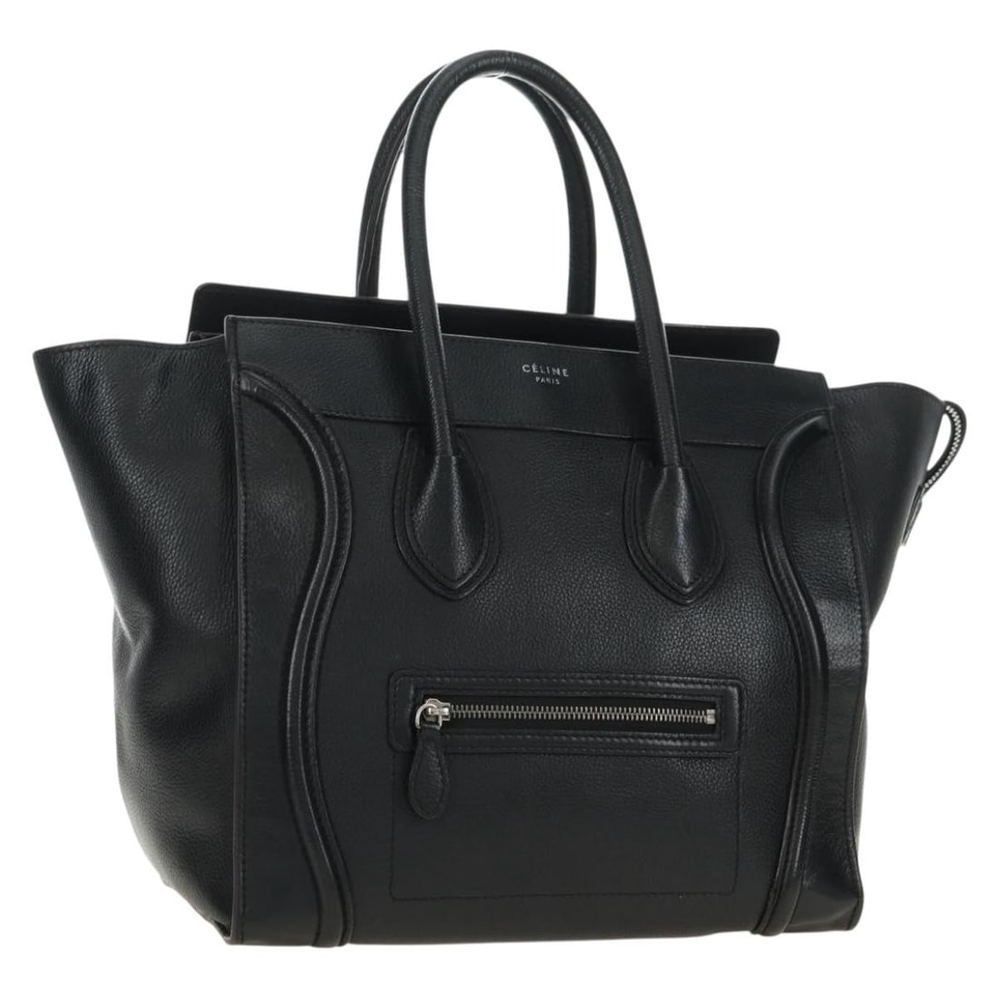 CELINE Mini Luggage Leather Handbag Black Silver Tone: CELINE Mini Luggage Leather Handbag Black Silver Tone CELINE Luggage Mini Hand Bag in black and silver leather, made in Italy. This women's handbag measures approximately 30 cm W x 28 cm H x 18 cm D, 