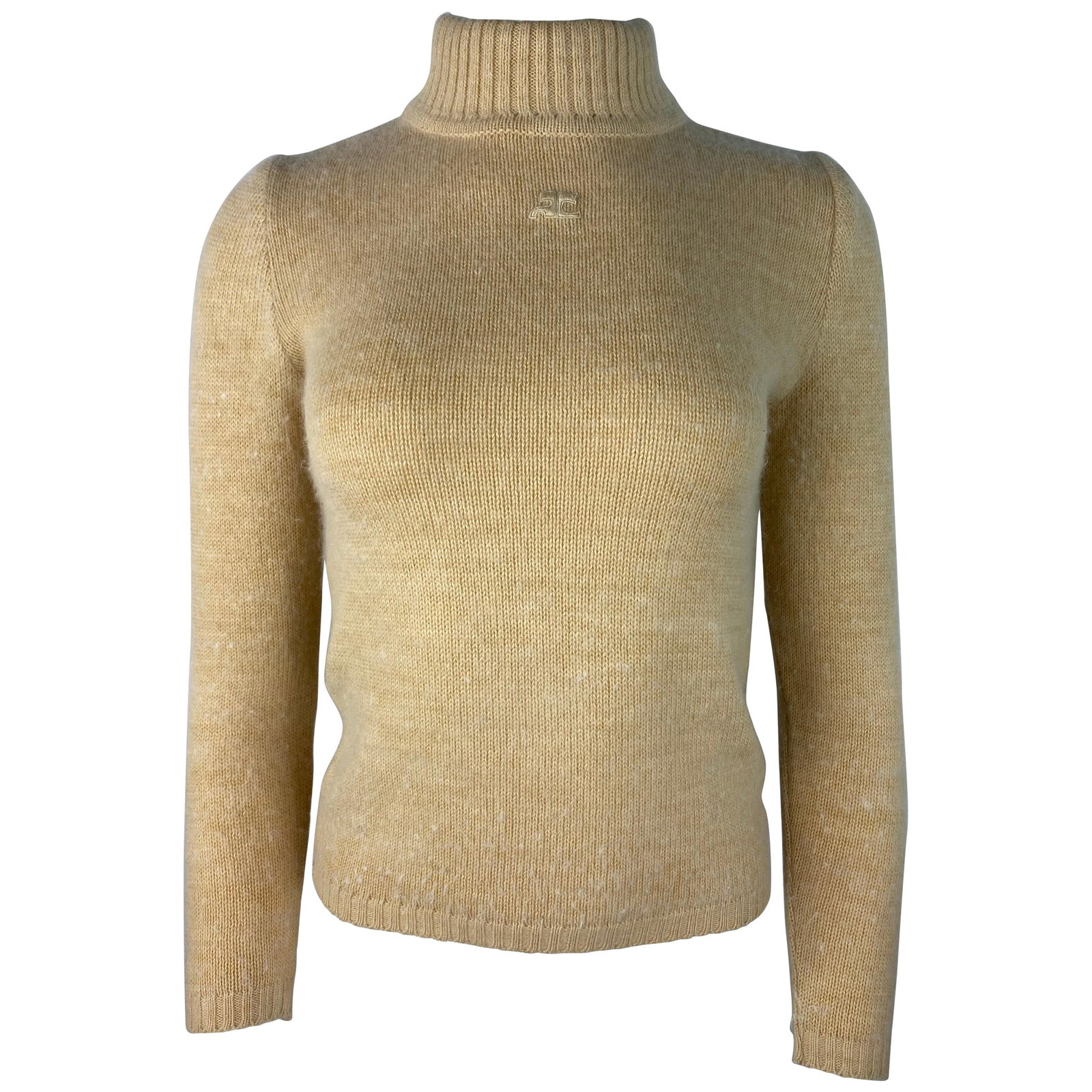 Courreges turtleneck sweater beige wool blend logo front size 0: Courreges turtleneck sweater beige wool blend logo front size 0 Courreges Paris beige knit sweater in a wool blend, featuring a turtle neck, long sleeves, and a logo design on the front. Made in Franc