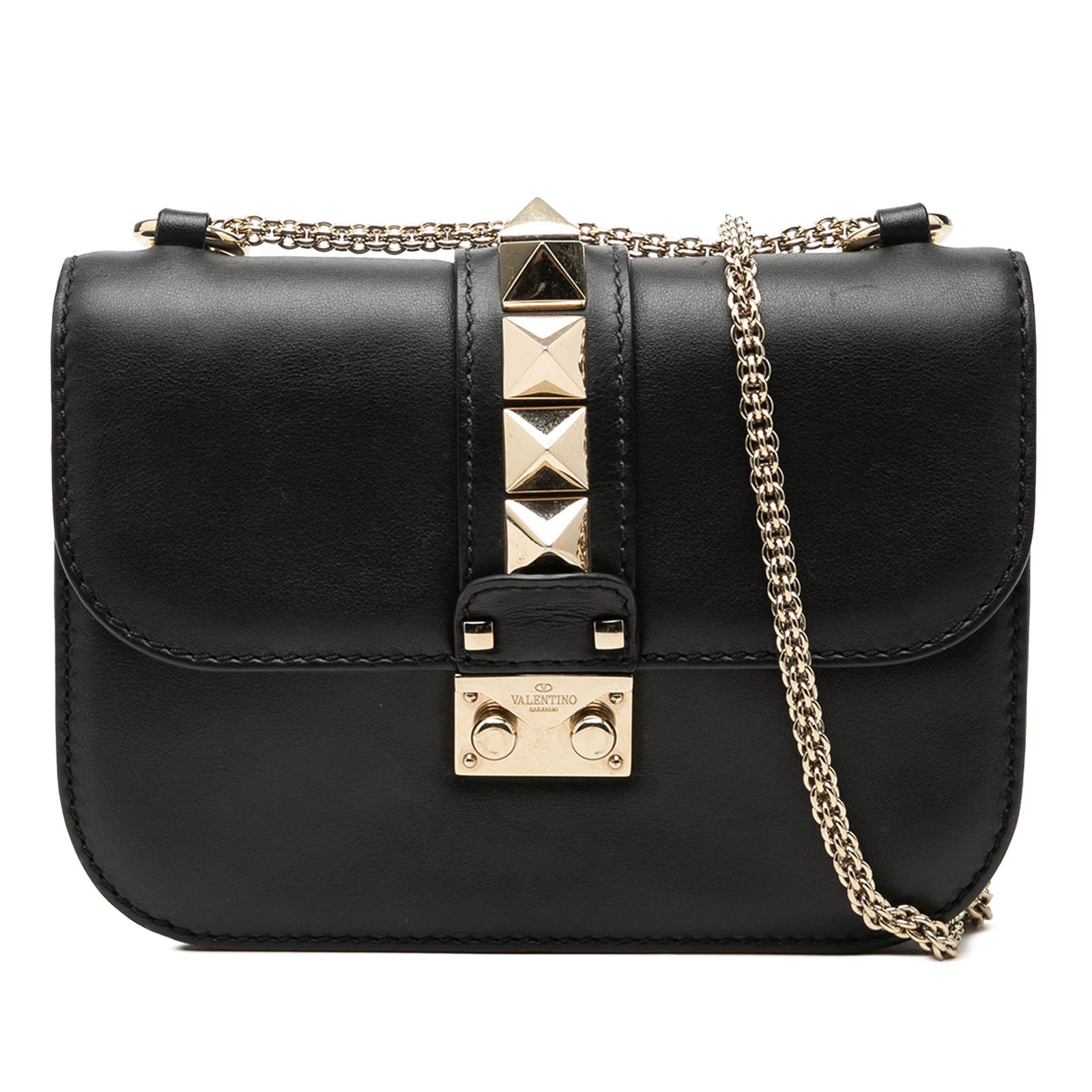 Valentino Rockstud Glam Lock Small Black Leather Crossbody Bag: Valentino Rockstud Glam Lock Small Black Leather Crossbody Bag Valentino Small Rockstud Glam Lock crossbody bag in black leather with a front flap and push-lock closure. The design includes a chain st