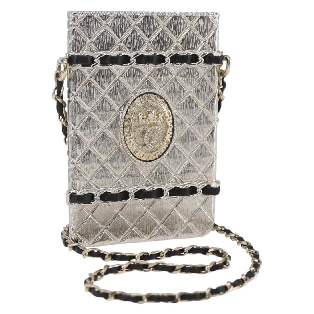 Silver Tone Metal Card Case with Chain by CHANEL: Silver Tone Metal Card Case with Chain by CHANEL This CHANEL chain neck card case is crafted from silver tone metal and features the iconic CC logo. Designed for women, it provides a stylish way to ca