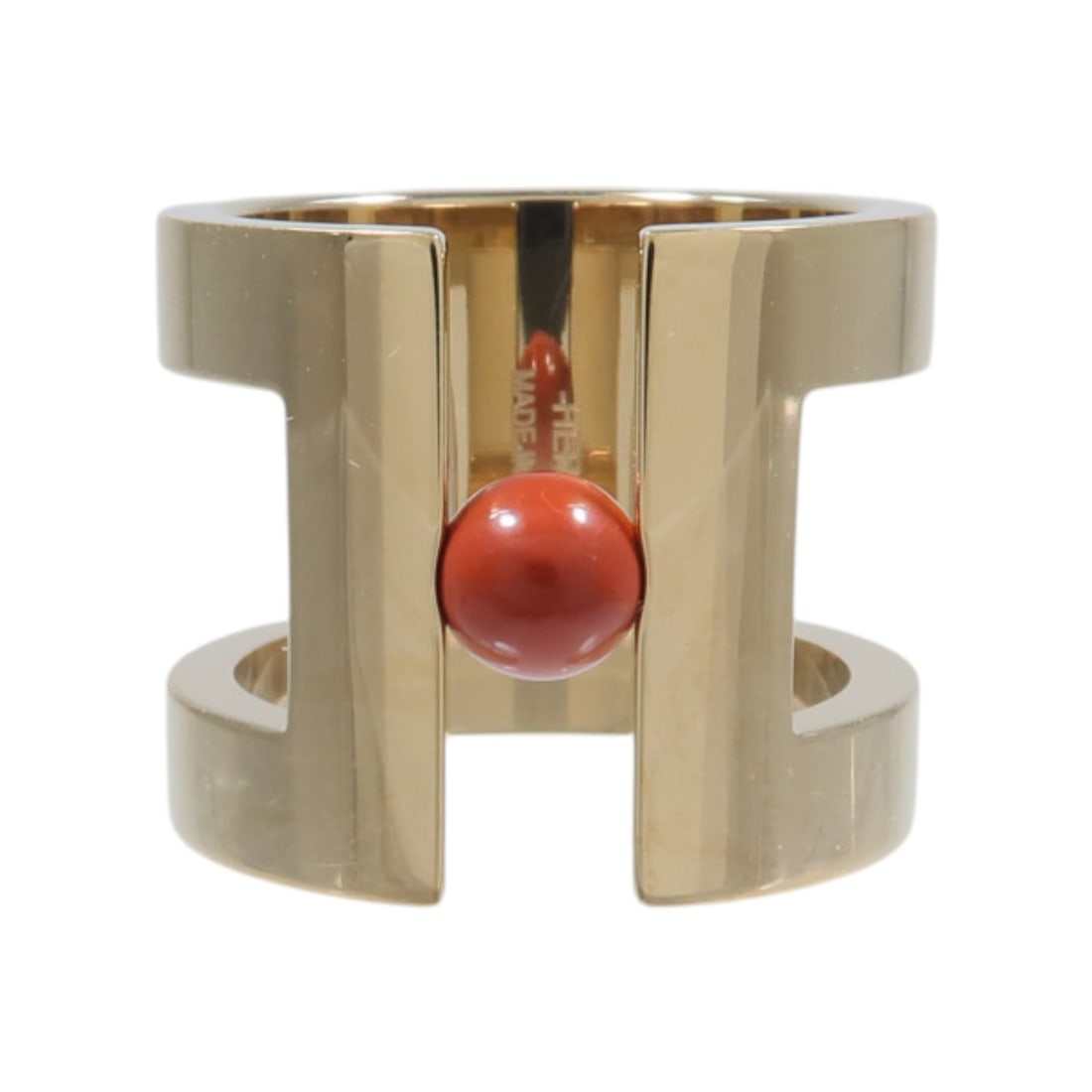 Hermes H Perle gold tone metal scarf ring: Hermes H Perle gold tone metal scarf ring Hermes H Perle scarf ring in gold metal, designed for women. It is described as a regular-size accessory with a very good AB condition rating. Made in France,