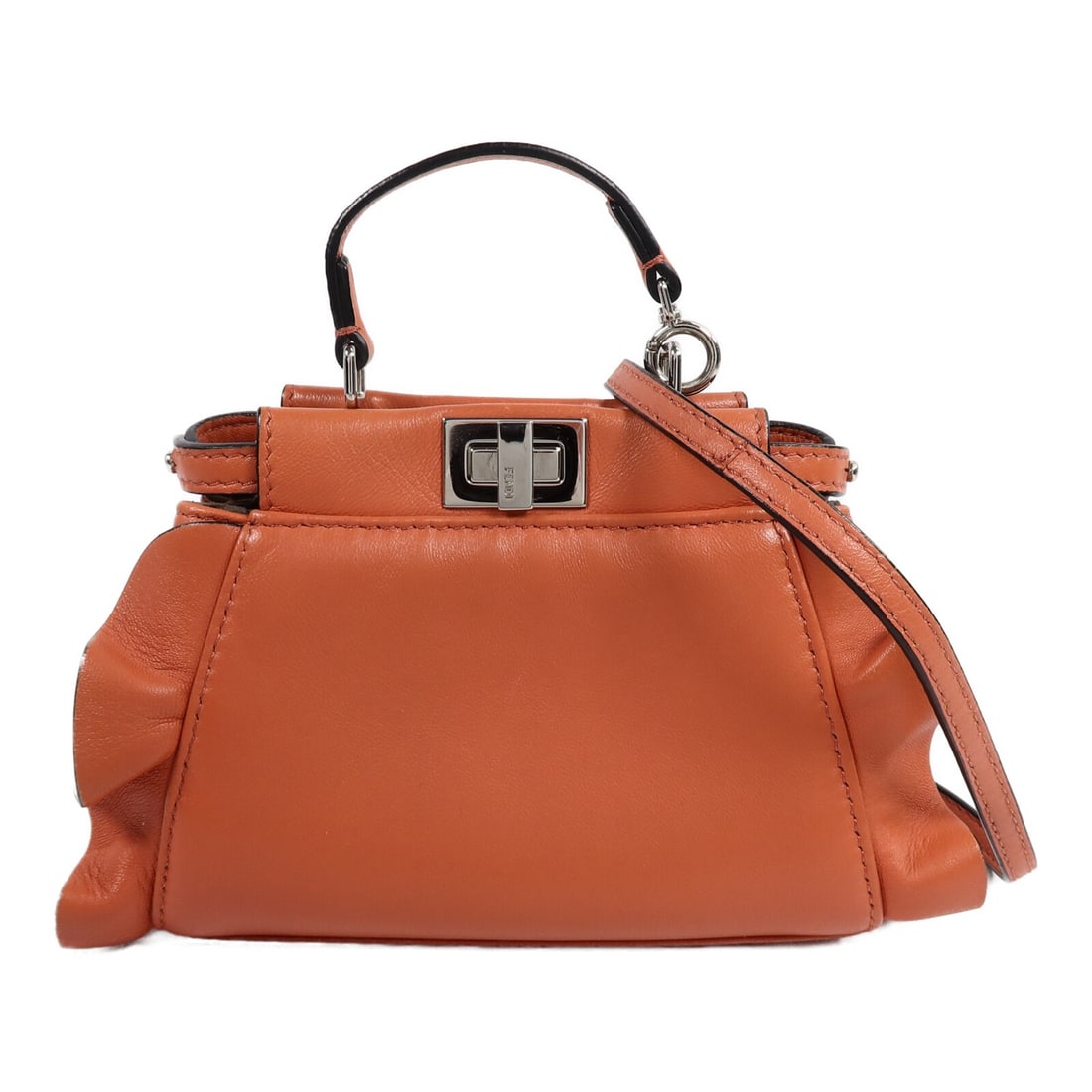 Fendi 8M0355 Mini Peekaboo Lambskin 2 Way Bag Orange: Fendi 8M0355 Mini Peekaboo Lambskin 2 Way Bag Orange Mini Peekaboo 2-way shoulder bag in orange lambskin leather with a structured compact design and card slots inside. Includes a shoulder strap and s