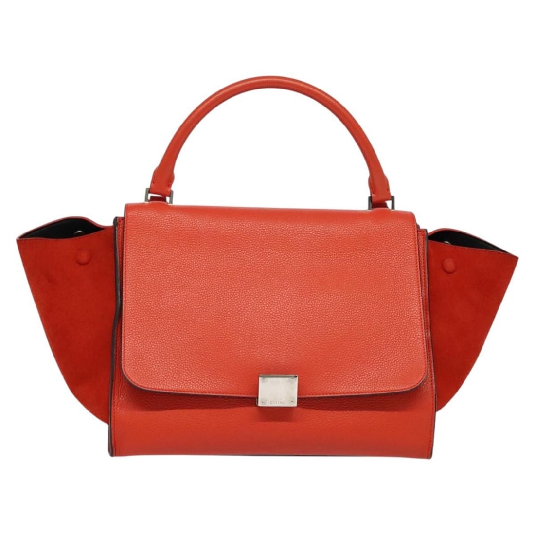 Celine Red Leather and Suede Trapeze Handbag 30cm by 23cm by 16cm: Celine Red Leather and Suede Trapeze Handbag 30cm by 23cm by 16cm This pre-owned Celine Trapeze Bag for women features a red leather exterior with suede accents. It is crafted in Italy and presents in