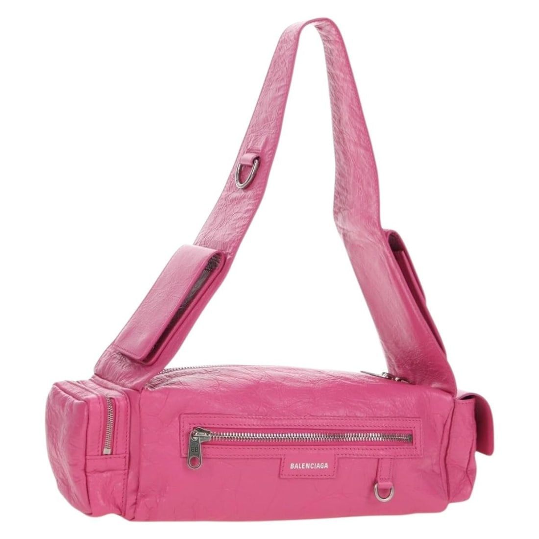 Balenciaga 762516 pink leather shoulder bag with dust bag: Balenciaga 762516 pink leather shoulder bag with dust bag Balenciaga Super Busy shoulder bag in pink and silver leather, made in Italy. This women's bag comes with a dust bag and features a shoulder s