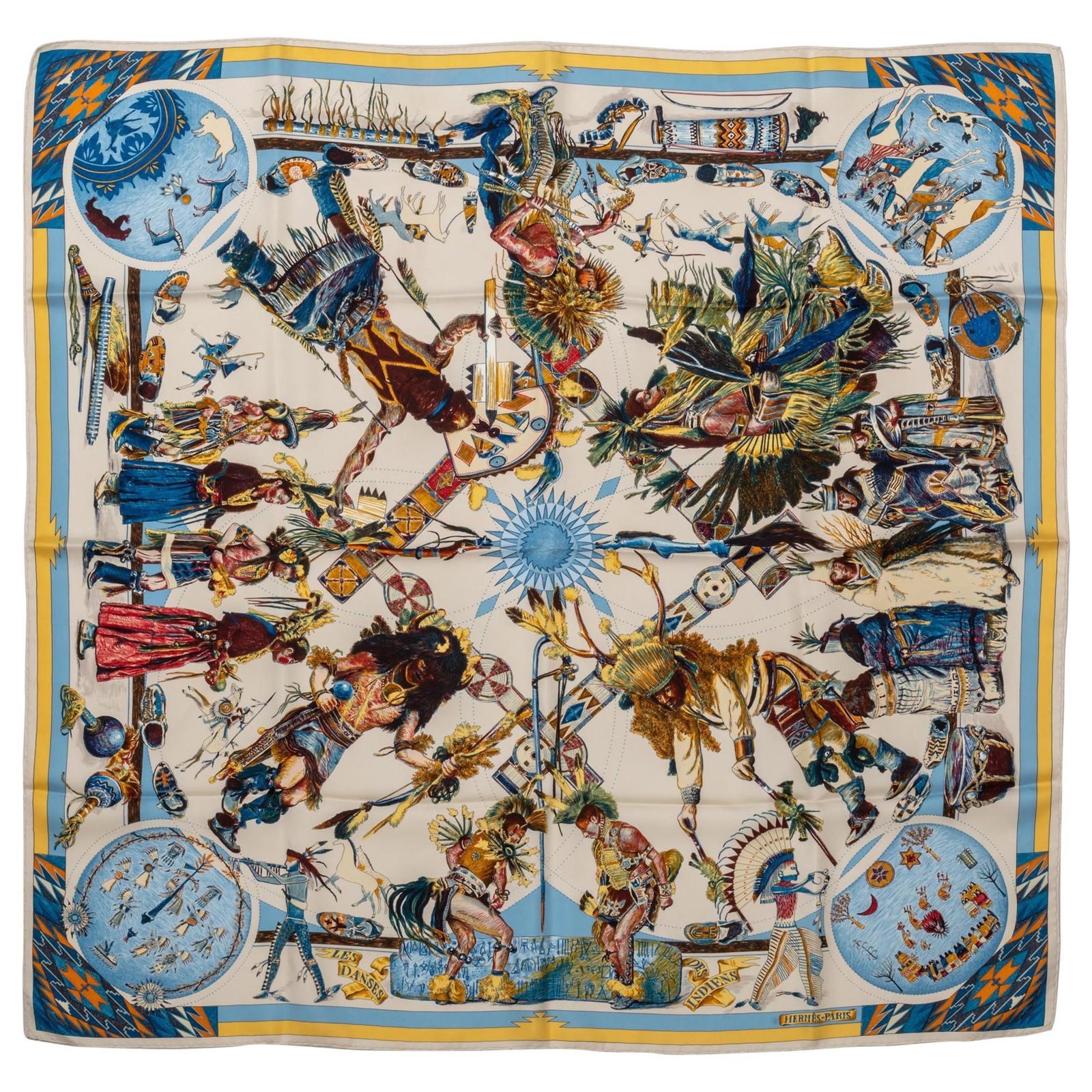 Hermes Kermit Oliver silk scarf Les Danses des Indiennes 35 in: Hermes Kermit Oliver silk scarf Les Danses des Indiennes 35 in This rare Hermes Les Danses des Indiennes silk scarf, designed by Kermit Oliver, features a vibrant and intricate pattern inspired by Nat