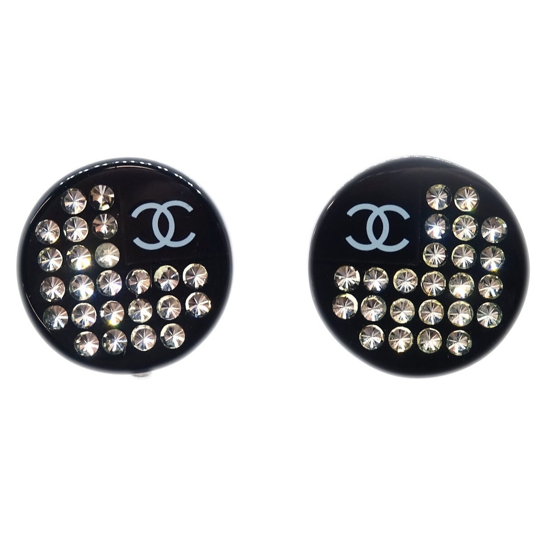 Chanel 05P Round Clip On Button Earrings Black Silver Rhinestone: Chanel 05P Round Clip On Button Earrings Black Silver Rhinestone Round Chanel button earrings with a clip-on closure, featuring a black and silver-tone design with rhinestone accents. Made in France, 