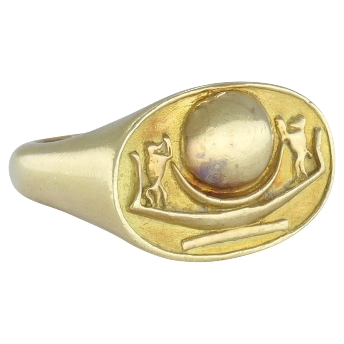 18k Yellow Gold Egyptian Revival Signet Ring Dated 1978: 18k Yellow Gold Egyptian Revival Signet Ring Dated 1978 Vintage Egyptian Revival signet ring in 18k yellow gold, dated 1978. It features a broad oval face with a raised central motif and two monkey fi