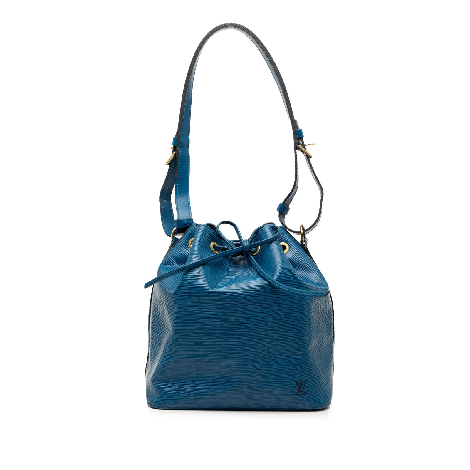 Louis Vuitton Petit Noe blue Epi leather shoulder bag: Louis Vuitton Petit Noe blue Epi leather shoulder bag Louis Vuitton Epi Petit Noe bag crafted in blue leather with an adjustable flat shoulder strap and drawstring closure. Made in France. Condition B