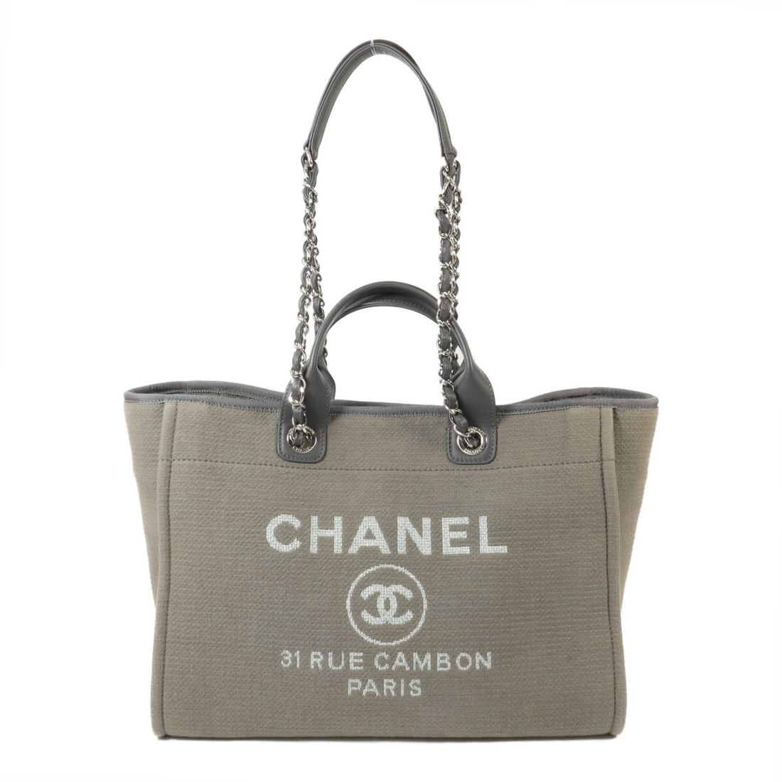 CHANEL Deauville A66941 Large Gray Canvas 2 Way Shoulder Bag: CHANEL Deauville A66941 Large Gray Canvas 2 Way Shoulder Bag Large Chanel Deauville 2-way shoulder bag in gray and dark gray canvas. This women's bag features the CC design and a spacious interior wit