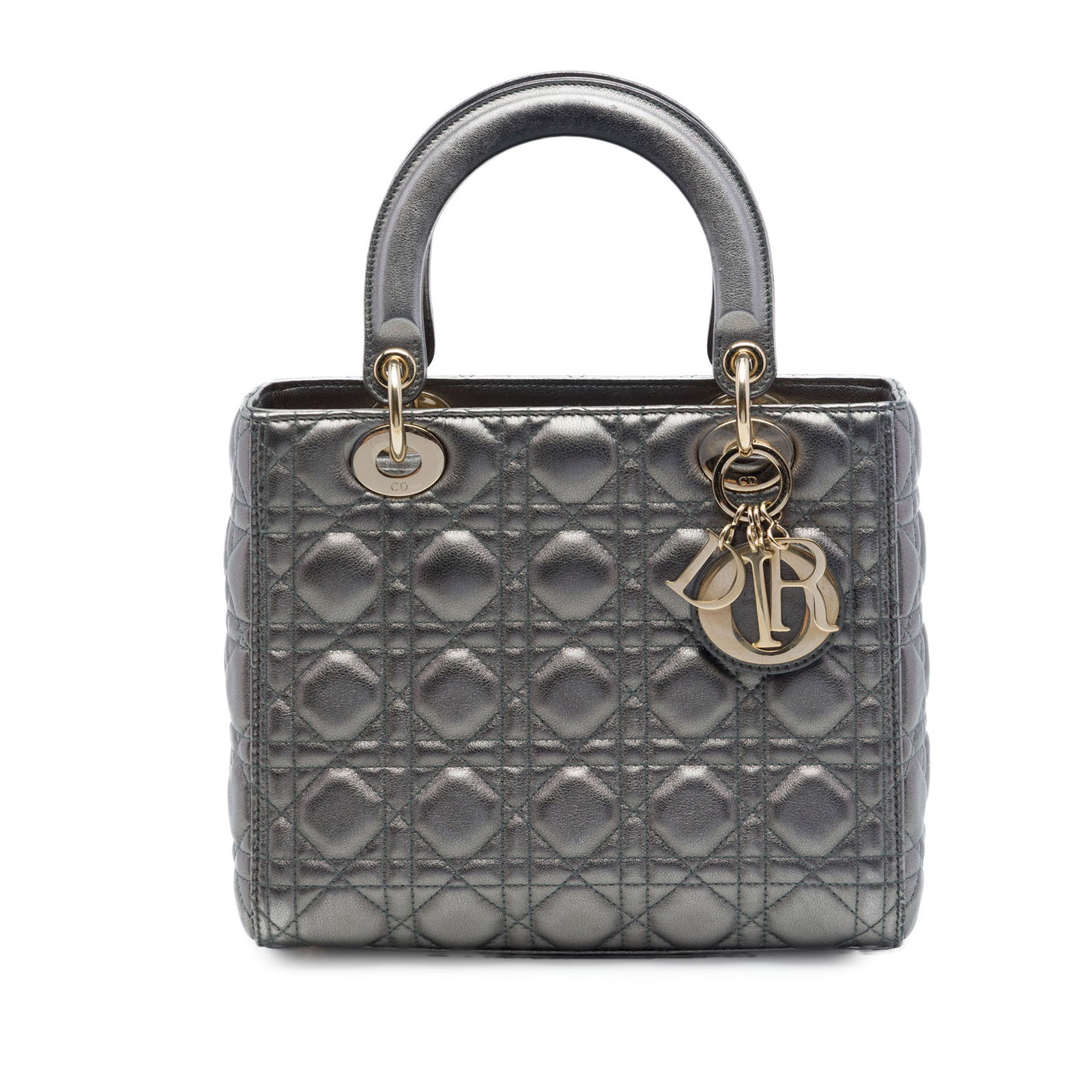 Dior Lady Dior Medium Gray Metallic Lambskin Bag: Dior Lady Dior Medium Gray Metallic Lambskin Bag Medium Lady Dior handbag crafted in metallic gray quilted lambskin leather with the signature Cannage pattern. It features flat leather top handles, a 
