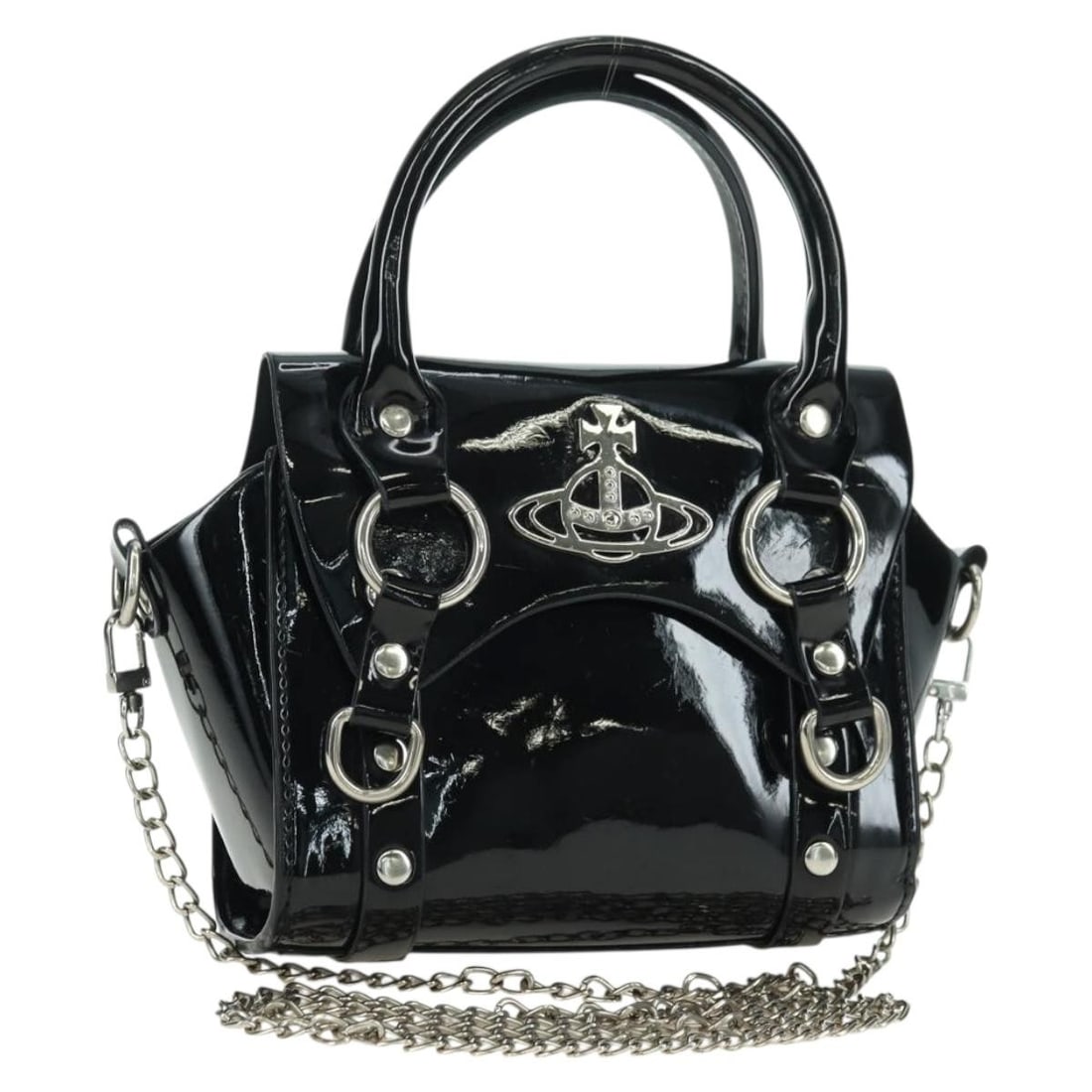 Vivienne Westwood Chain Betty patent leather 2way shoulder bag black silver: Vivienne Westwood Chain Betty patent leather 2way shoulder bag black silver Vivienne Westwood Chain Betty Bag in black patent leather with silver-tone accents. This women's 2-way shoulder bag includes