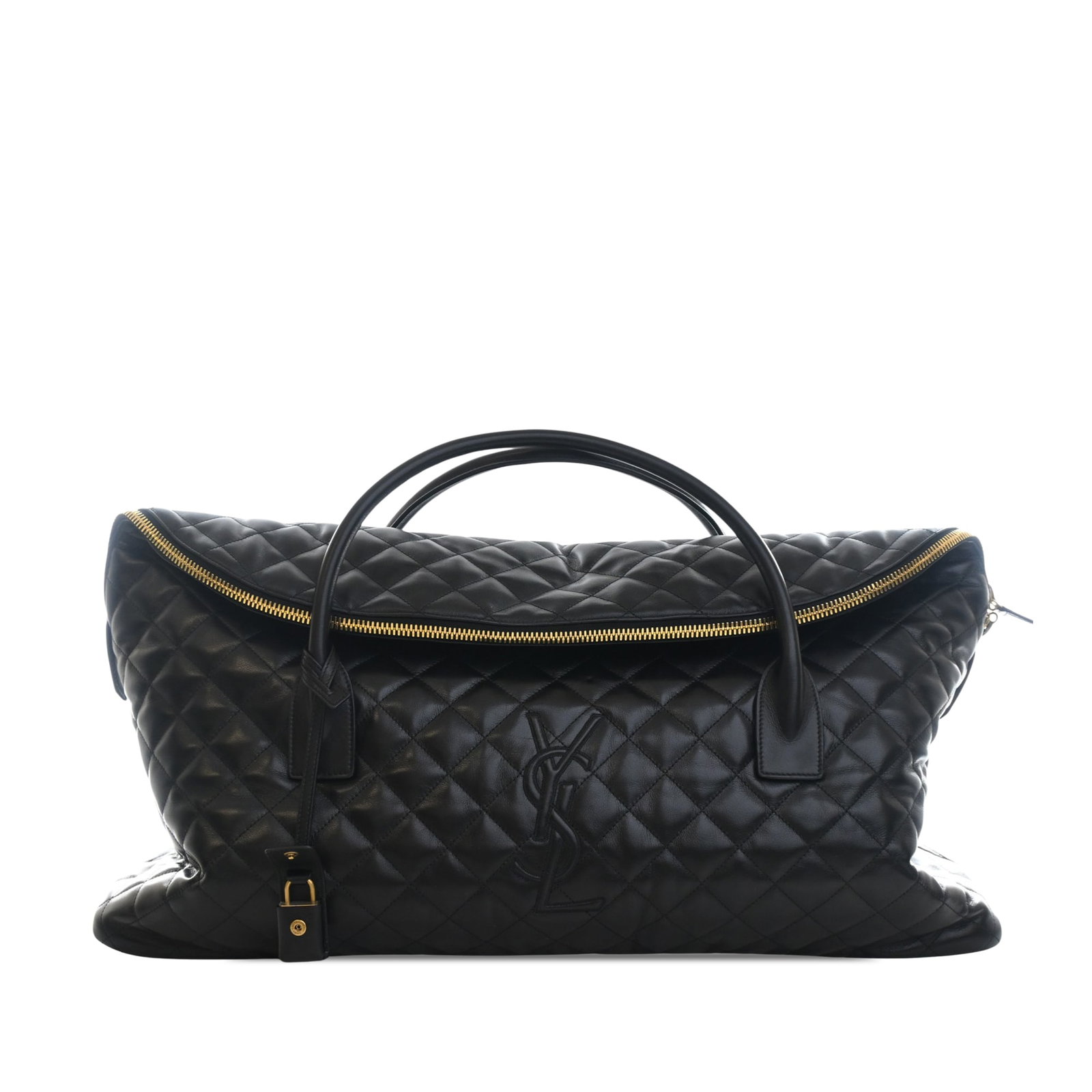 Saint Laurent Monogram ES Giant quilted leather travel bag: Saint Laurent Monogram ES Giant quilted leather travel bag Saint Laurent quilted calfskin travel bag in black with the Monogram ES Giant design. This Italy-made bag features rolled leather handles, a 