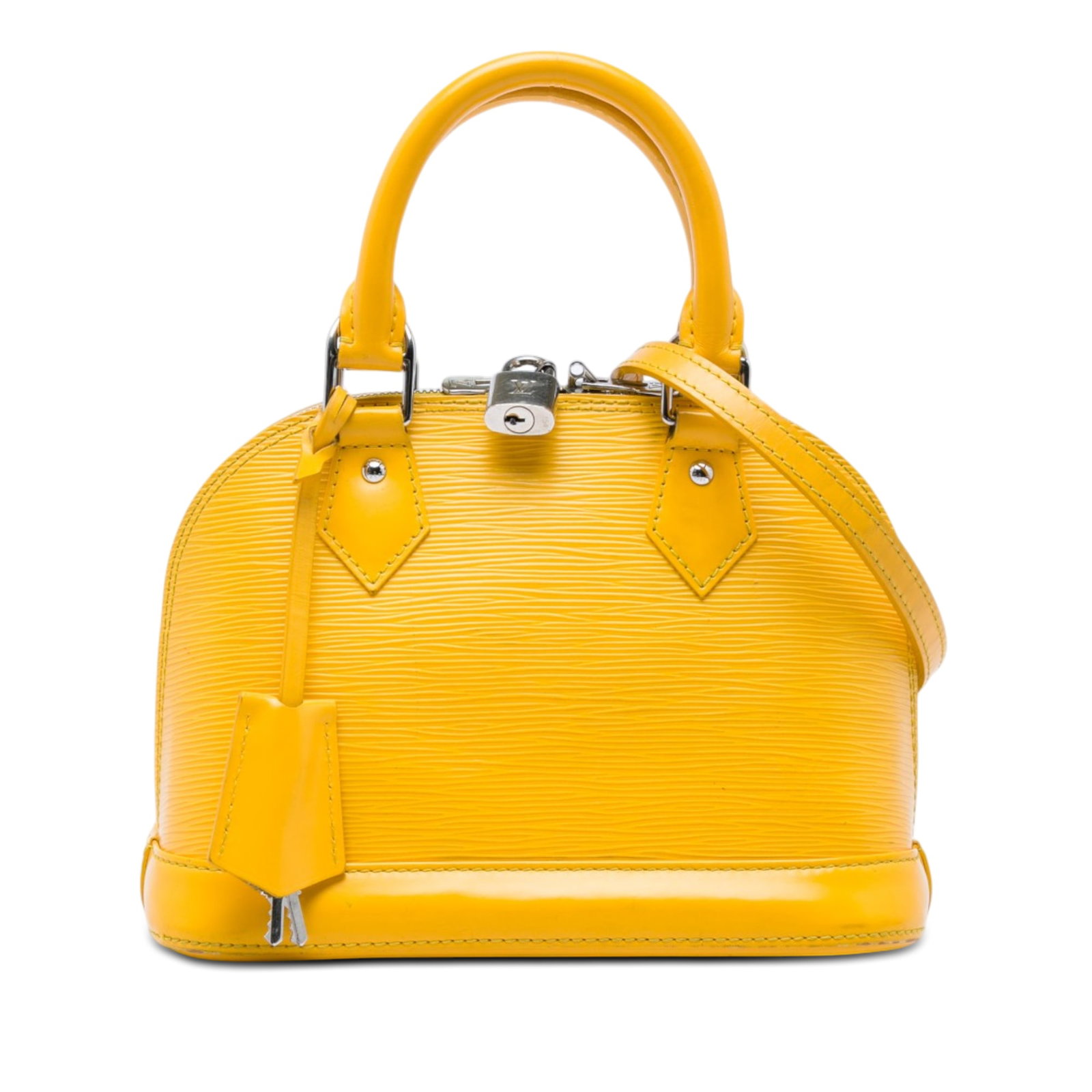 Louis Vuitton Alma BB Yellow Epi Leather Handbag: Louis Vuitton Alma BB Yellow Epi Leather Handbag Louis Vuitton Alma BB in yellow Epi leather with a structured silhouette, rolled top handles, a detachable flat leather strap, top zip closure, clochet