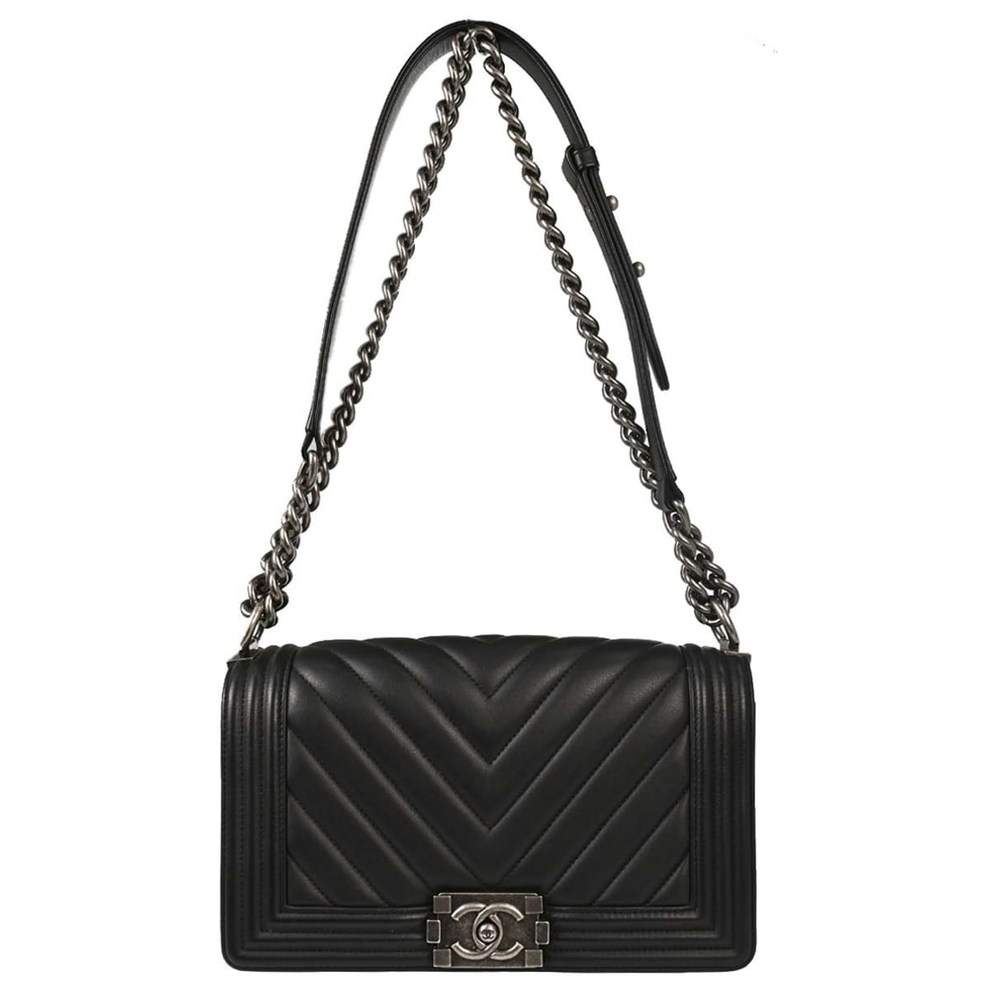 CHANEL Boy Medium Shoulder Bag Black Lambskin Chevron Quilted: CHANEL Boy Medium Shoulder Bag Black Lambskin Chevron Quilted Black Chanel Boy medium shoulder bag in lambskin chevron with a square shape and push-lock closure. It features a shoulder strap with chai