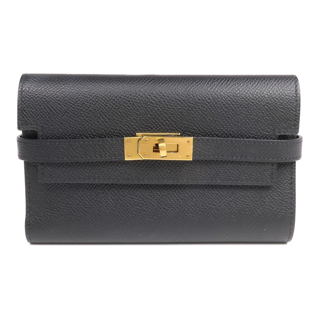 Hermes Kelly Compact bifold wallet in black Epsom calfskin: Hermes Kelly Compact bifold wallet in black Epsom calfskin Hermes Kelly Compact bi-fold wallet in Noir Epsom leather with gold-tone hardware. This women's wallet features a structured compact design w