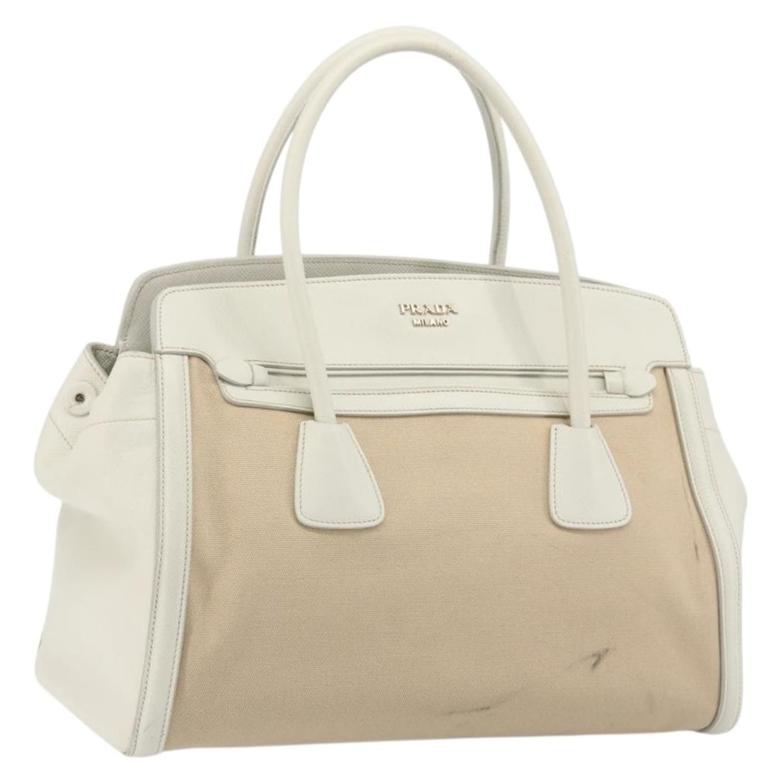 PRADA Beige Gold Canvas Handbag with Guarantee Card: PRADA Beige Gold Canvas Handbag with Guarantee Card Authentic Prada women's handbag in beige and gold canvas with dual handles and included guarantee card. Made in Italy, this bag shows reasonable wea