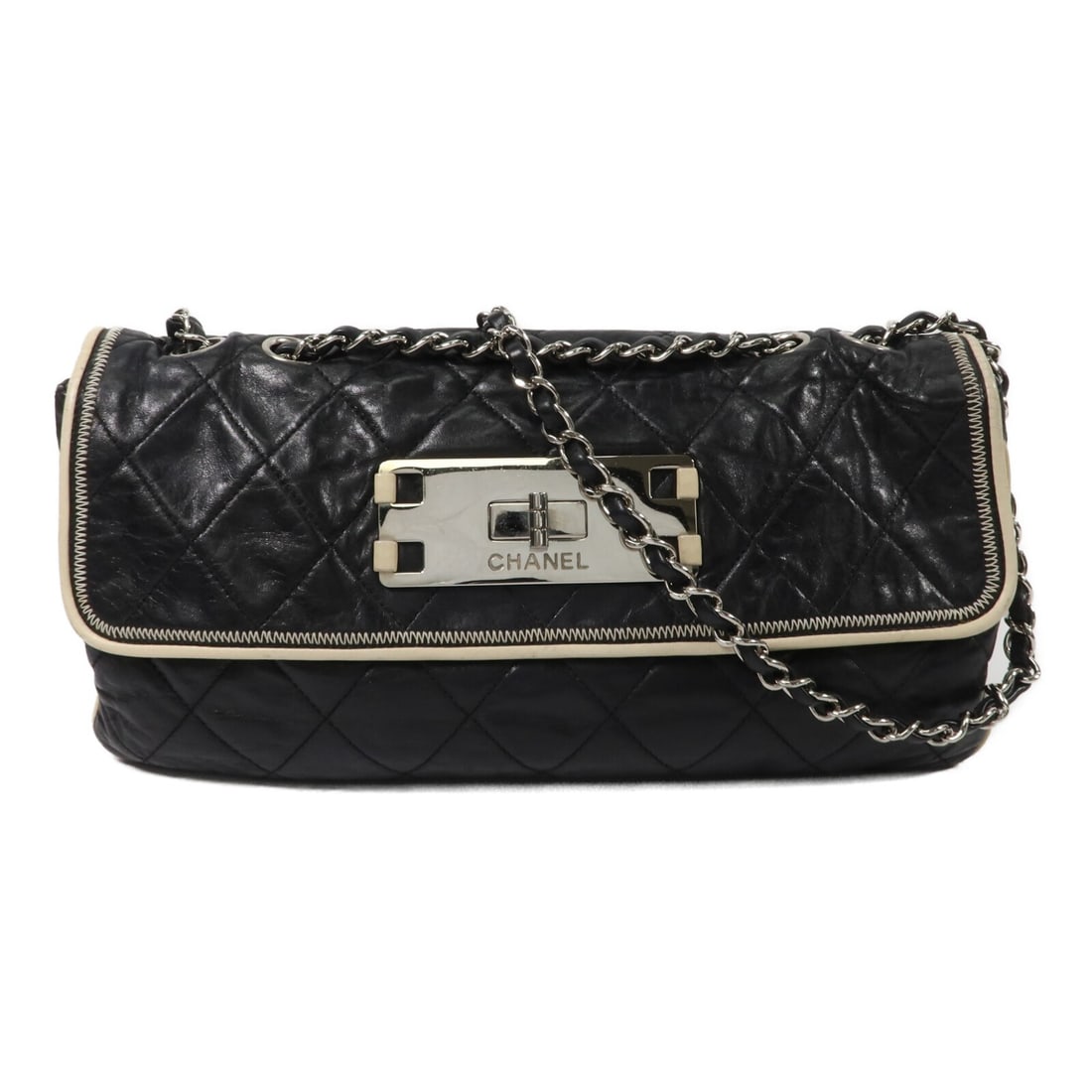 CHANEL 2.55 East West Flap Shoulder Bag Black Calfskin CC SHW: CHANEL 2.55 East West Flap Shoulder Bag Black Calfskin CC SHW Chanel 2.55 East West flap shoulder bag in black calfskin leather with a chain shoulder strap and CC turn-lock closure. This women's shoul