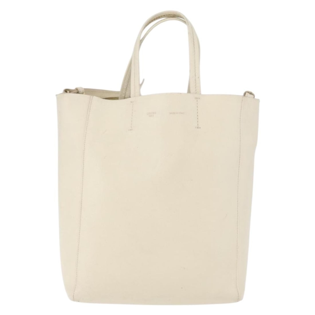 Celine Phantom Cabas Leather Tote Bag White Italy: Celine Phantom Cabas Leather Tote Bag White Italy Celine Phantom Cabas Tote in white leather with a unisex design. This Italy-made tote is presented in fair overall condition with visible wear through