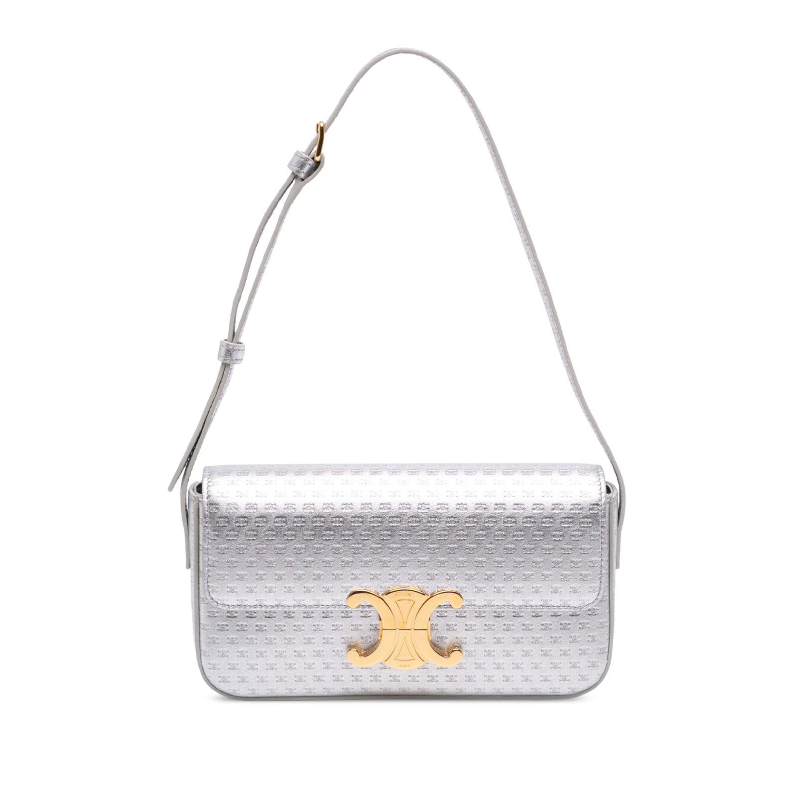 Celine Claude Shoulder Bag in Silver Laminated Calfskin Leather: Celine Claude Shoulder Bag in Silver Laminated Calfskin Leather Celine Claude shoulder bag in laminated calfskin with the Triomphe All Over design. This shoulder bag features a flat leather shoulder s