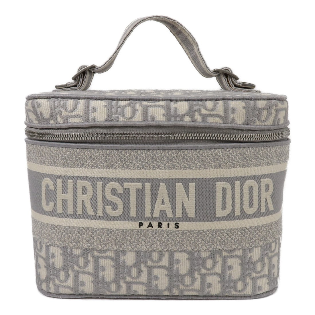 Dior CD Travel Vanity Case Handbag Gray Canvas SHW: Dior CD Travel Vanity Case Handbag Gray Canvas SHW Christian Dior travel vanity case handbag in gray canvas with CD detailing and silver-tone hardware. Designed for women, this structured handbag feat