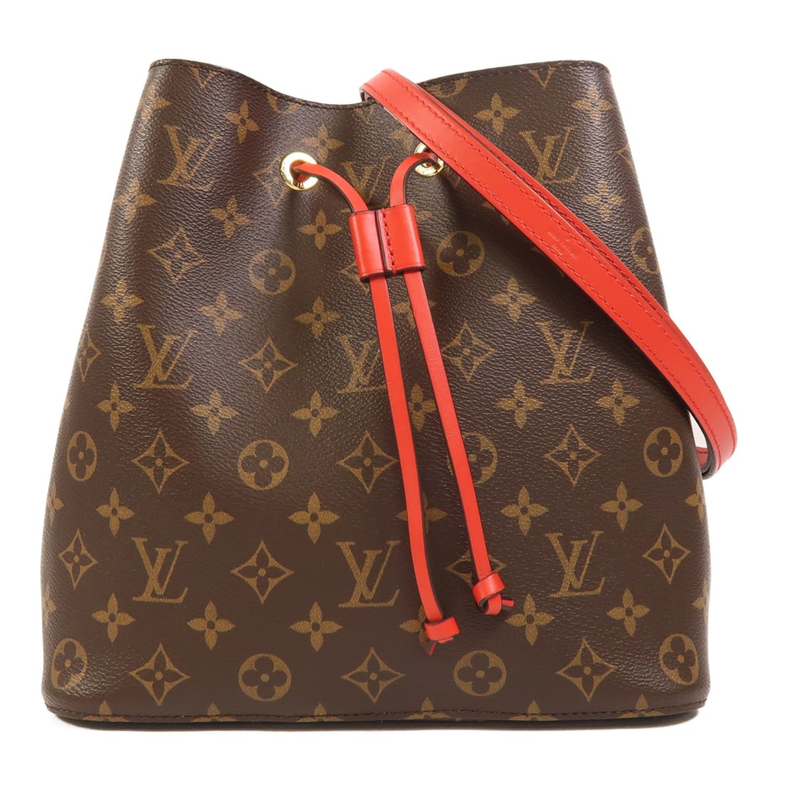 Louis Vuitton Neo Noe Monogram Bucket Shoulder Bag Coquelicot M44021: Louis Vuitton Neo Noe Monogram Bucket Shoulder Bag Coquelicot M44021 Louis Vuitton Neo Noe bucket bag in Monogram PVC coated canvas with Coquelicot and red accents. This women's shoulder bag features 