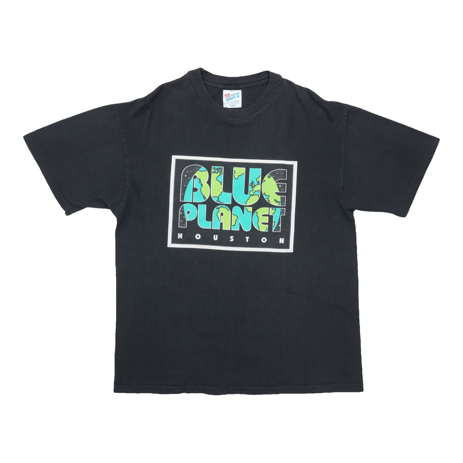 Black 1990s Blue Planet Houston cotton T shirt size L: Black 1990s Blue Planet Houston cotton T shirt size L Original vintage 1990s Blue Planet Houston shirt in excellent condition. This is a true vintage piece, not a modern reproduction. Sizes vary, so t