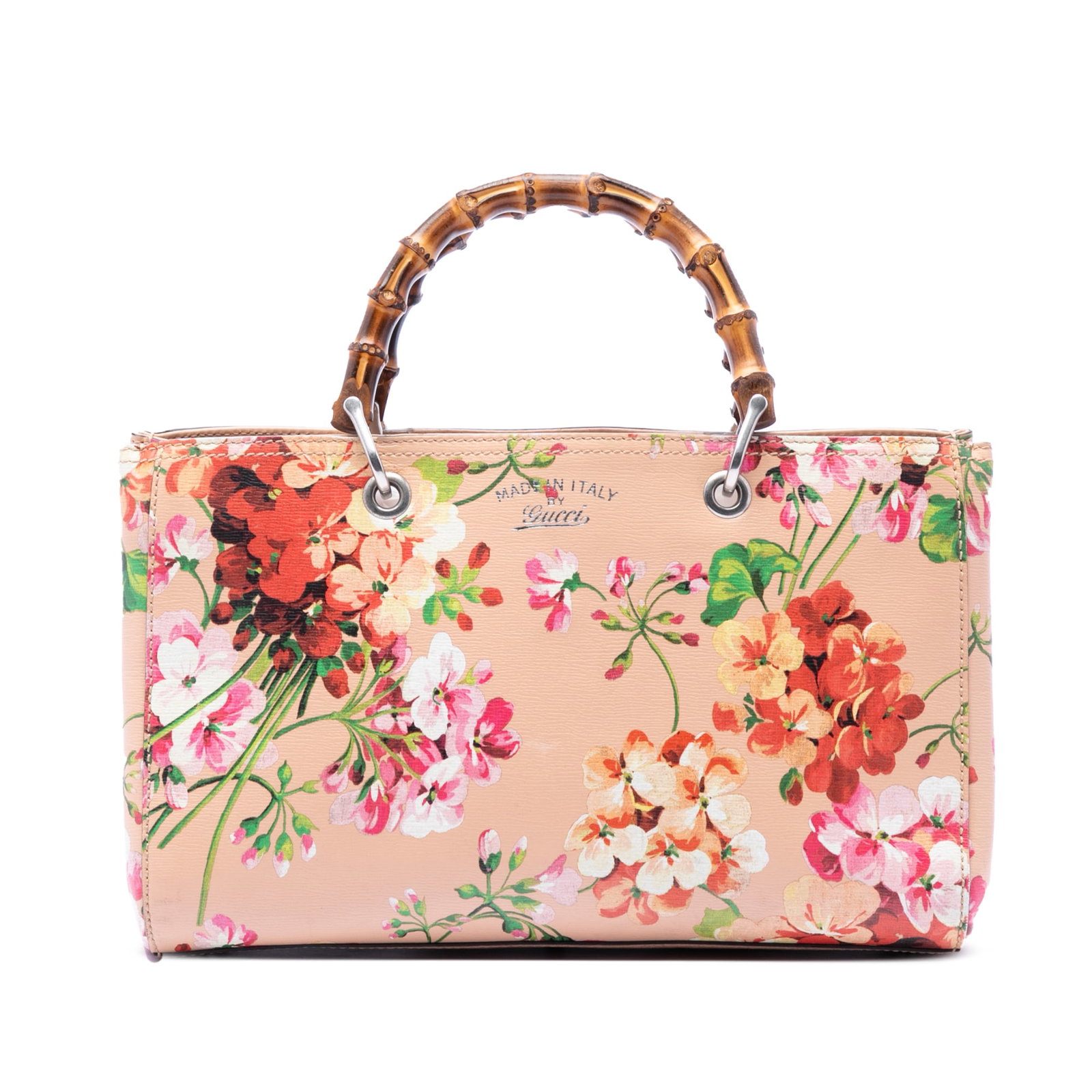 Gucci Blooms Bamboo Shopper Medium Calfskin Leather Satchel: Gucci Blooms Bamboo Shopper Medium Calfskin Leather Satchel Gucci Medium Calfskin Blooms Bamboo Shopper Satchel in pink leather, made in Italy. This bag features a printed leather body, bamboo top han