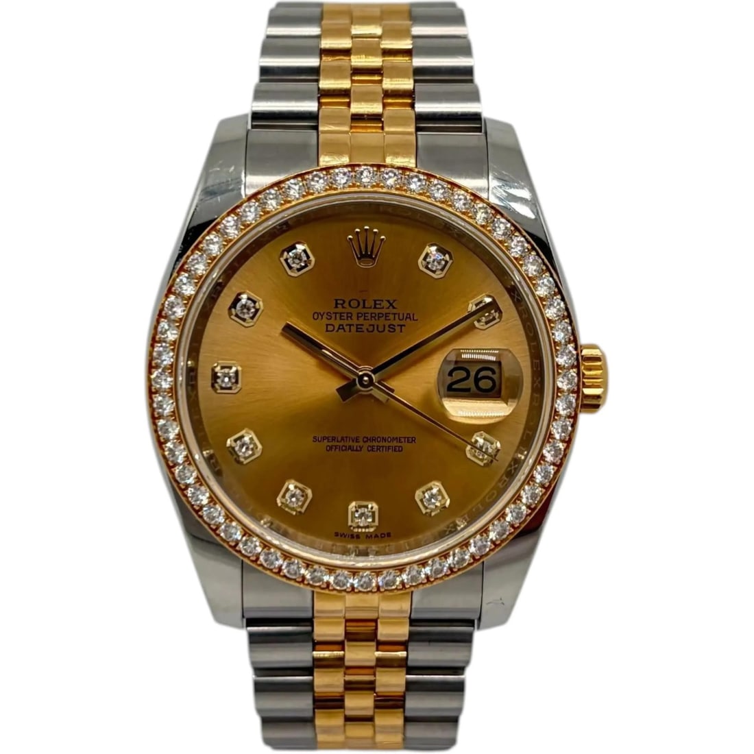 Champagne Dial Rolex Datejust 36 Diamond Bezel 18K Gold Steel Watch 116243: Champagne Dial Rolex Datejust 36 Diamond Bezel 18K Gold Steel Watch 116243 This Rolex Datejust 36 wristwatch features a 36 mm polished stainless steel case with an 18K yellow gold and steel bracelet. 