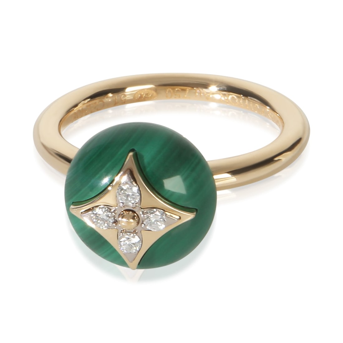 Louis Vuitton B Blossom 18k Yellow Gold Malachite Diamond Ring Size 5.75: Louis Vuitton B Blossom 18k Yellow Gold Malachite Diamond Ring Size 5.75 Pre-owned Louis Vuitton B Blossom ring featuring malachite with round brilliant-cut diamond accents. This women's ring comes wi