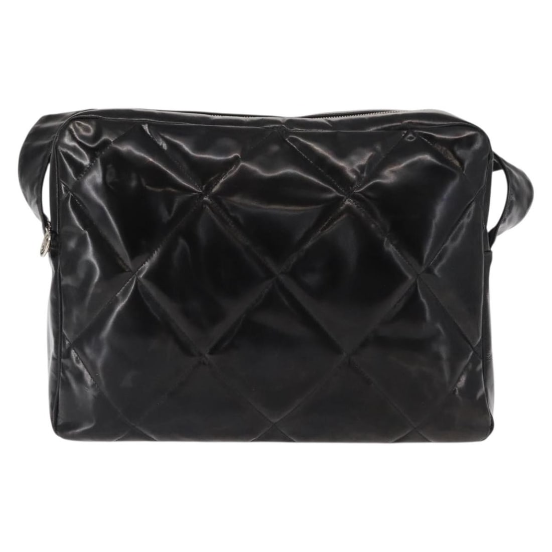 Chanel Vintage Matelasse Shoulder Bag Black Patent Leather: Chanel Vintage Matelasse Shoulder Bag Black Patent Leather This vintage Chanel shoulder bag for women features black patent leather with a classic Matelasse design. The bag shows signs of wear includi
