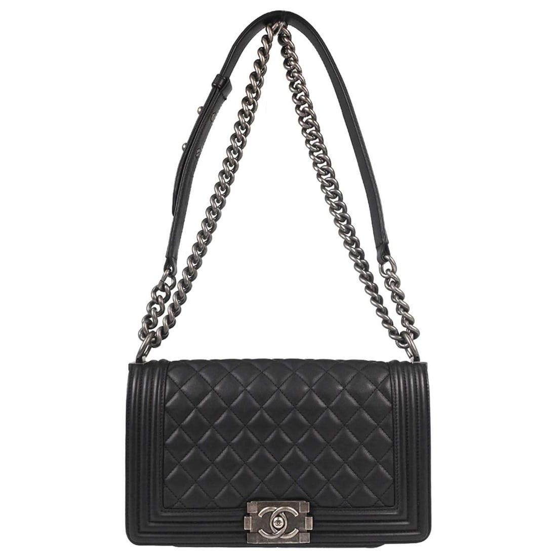 CHANEL Boy Medium Shoulder Bag Black Lambskin Chain Strap: CHANEL Boy Medium Shoulder Bag Black Lambskin Chain Strap Medium Chanel Boy shoulder bag in black lambskin with a structured square silhouette, push-lock closure, and silver-tone hardware. The design 