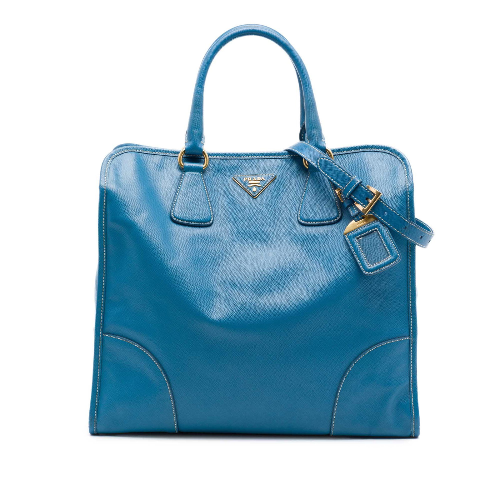 Prada Saffiano Lux Blue Leather Satchel Tote with Strap: Prada Saffiano Lux Blue Leather Satchel Tote with Strap Prada Saffiano Lux Shopping Tote in blue saffiano leather with rolled leather handles, a detachable and adjustable flat leather strap, an open t