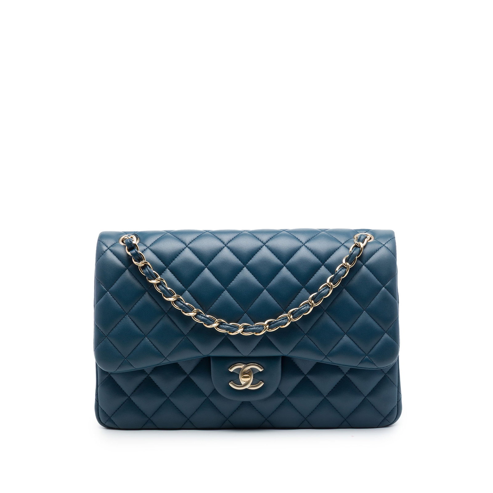 Chanel Jumbo Classic Double Flap Blue Lambskin Shoulder Bag: Chanel Jumbo Classic Double Flap Blue Lambskin Shoulder Bag Chanel Jumbo Classic Lambskin Double Flap shoulder bag in blue quilted lambskin leather. This bag features leather-woven chain straps, doubl