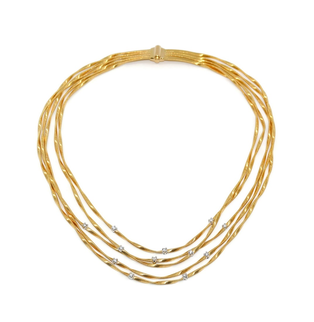 18K Yellow Gold 5 Strand Diamond Necklace by Marco Bicego: 18K Yellow Gold 5 Strand Diamond Necklace by Marco Bicego Marco Bicego 5 Strand Diamond 18K Yellow Gold Necklace with a lobster closure, pave setting, and engraved detail. It is a pre-owned, signed ne