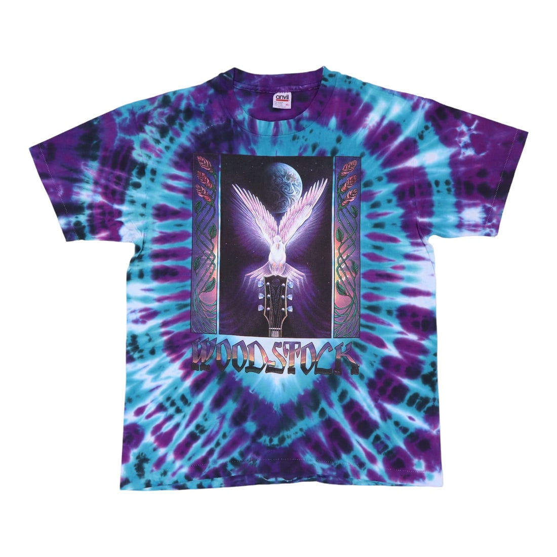 Vintage Woodstock T Shirt Tie Dye 1990s XL Cotton: Vintage Woodstock T Shirt Tie Dye 1990s XL Cotton Authentic original vintage Woodstock T-shirt from the 1990s with front and back graphics. Made from 100% cotton in a tie-dye design, this shirt is tag