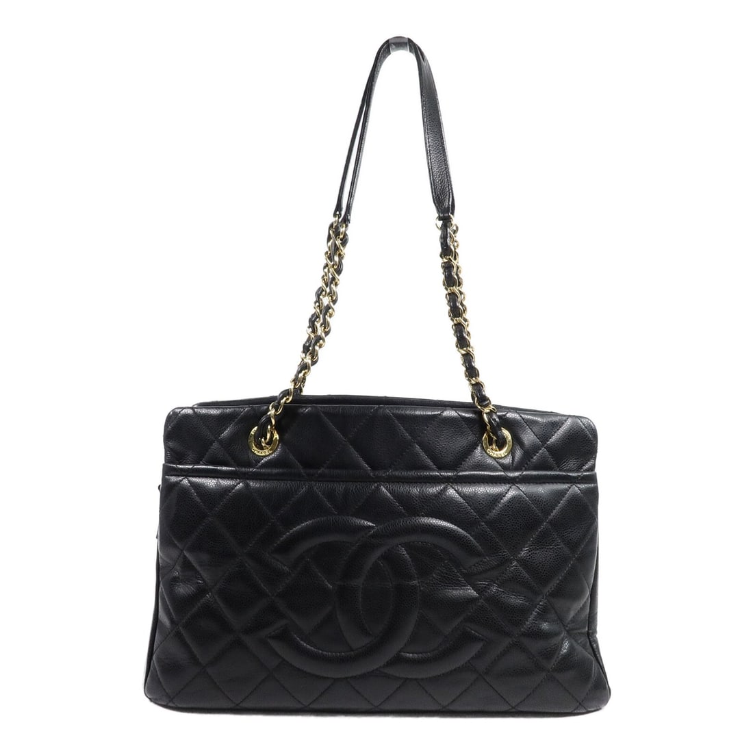 Chanel CC Calfskin Tote Bag Black Chain Shoulder GHW: Chanel CC Calfskin Tote Bag Black Chain Shoulder GHW Chanel CC chain shoulder tote bag in black calfskin leather. This women's tote features a black exterior with chain shoulder straps and multiple in