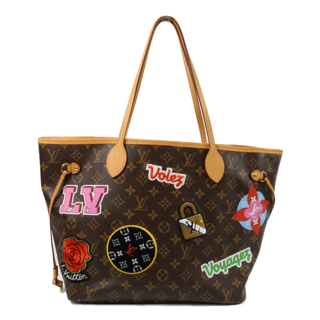 Louis Vuitton Neverfull MM M43988 tote in monogram patch coated canvas: Louis Vuitton Neverfull MM M43988 tote in monogram patch coated canvas Louis Vuitton Neverfull MM tote bag in brown and multicolor Monogram Patches PVC coated canvas. This women's tote is made in Fran