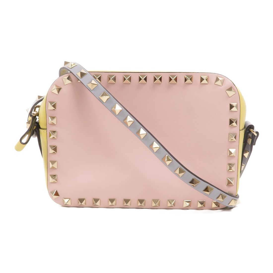 Valentino calfskin shoulder bag pink yellow blue GHW: Valentino calfskin shoulder bag pink yellow blue GHW Valentino shoulder bag in pink and yellow calfskin leather with a compact structured silhouette and gold-tone hardware. The bag features a fastener