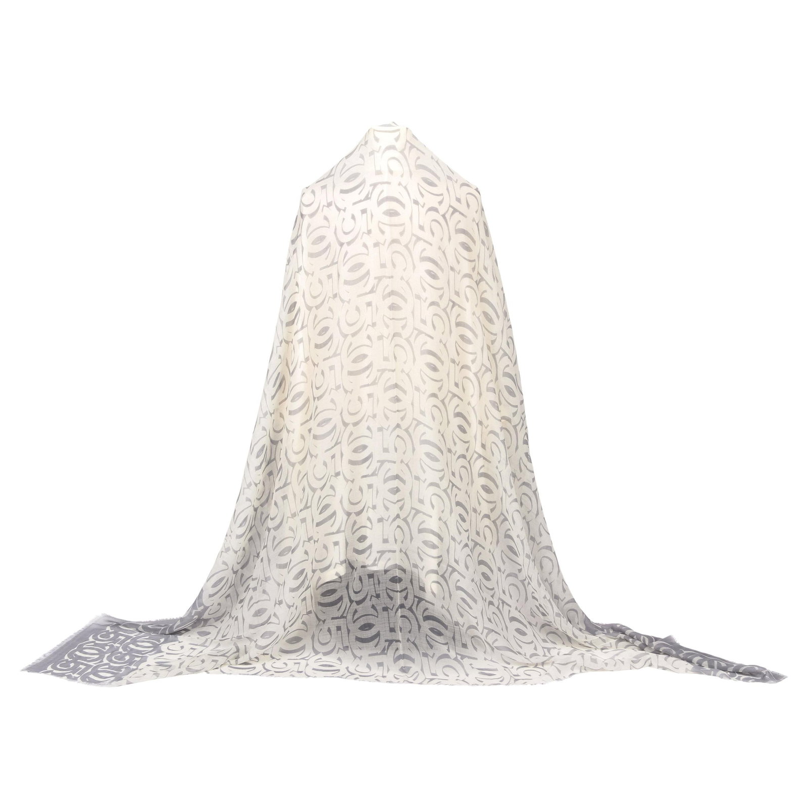 Chanel White Grey Logo CC Cashmere Silk Shawl Scarf 54in: Chanel White Grey Logo CC Cashmere Silk Shawl Scarf 54in Experience luxury with this exquisite Chanel shawl scarf, crafted from a sumptuous blend of cashmere and silk. This piece showcases a stylish w