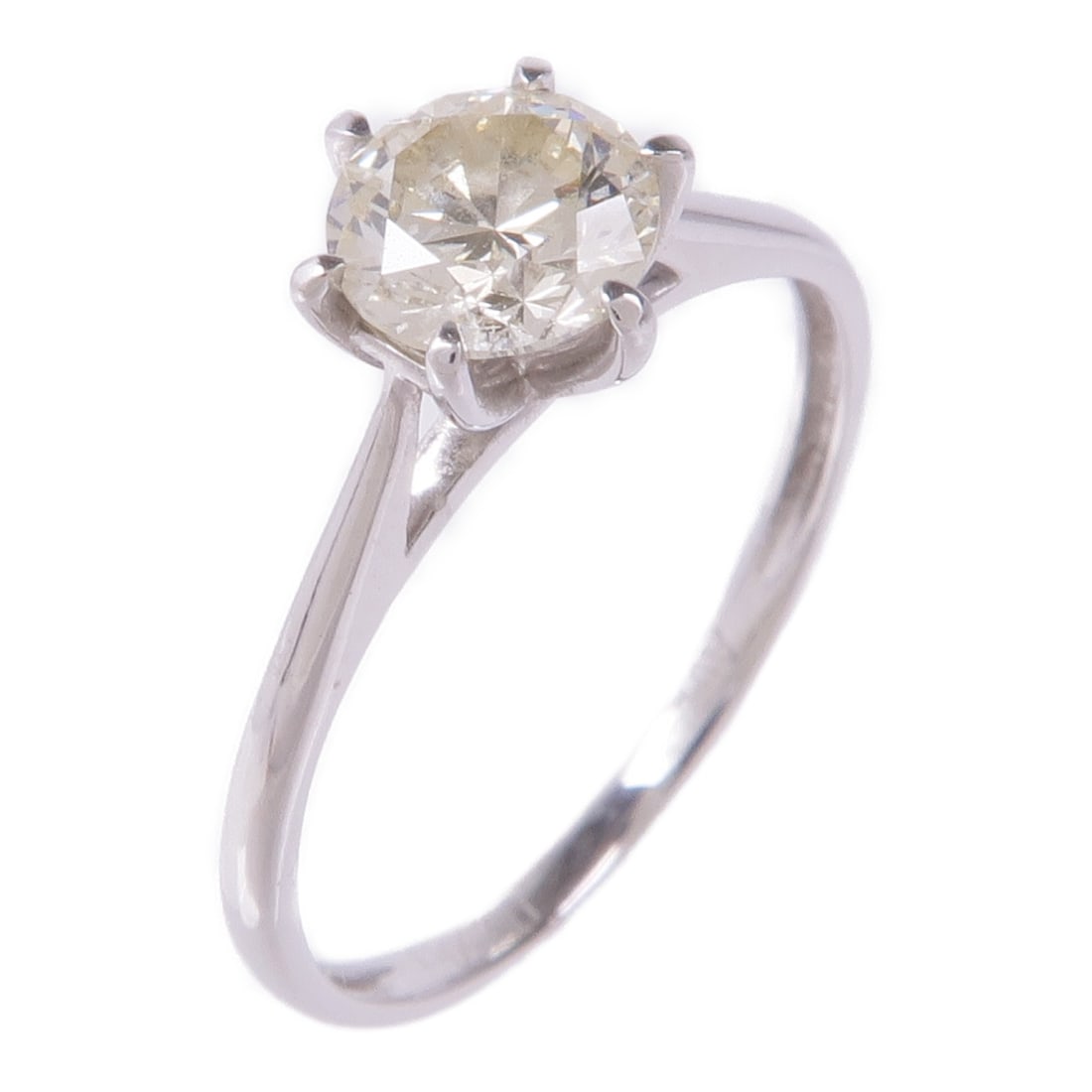 K18 White Gold Diamond Ring Size 4.25: K18 White Gold Diamond Ring Size 4.25 A women's ring in K18WG white gold with a diamond main stone. It is described as a solitaire engagement ring with a round diamond set in a white metal band. The r