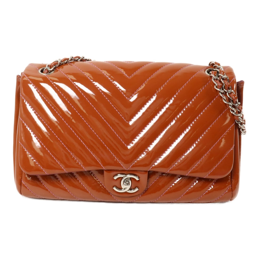 CHANEL CC Patent Leather Shoulder Bag Brown Silver Tone Chain: CHANEL CC Patent Leather Shoulder Bag Brown Silver Tone Chain Brown patent leather shoulder bag with a chain strap and CC turn-lock closure. This women's bag includes an interior zip pocket and comes 
