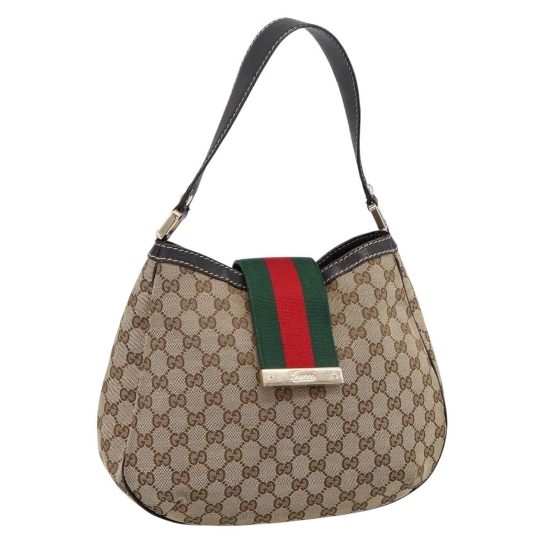 Gucci 233608 GG Canvas Shoulder Bag Beige Gold Web Sherry Line: Gucci 233608 GG Canvas Shoulder Bag Beige Gold Web Sherry Line Gucci Sherry Line shoulder bag in beige and gold GG canvas. This women's bag includes a dust bag and is made in Italy. Condition is AB / 
