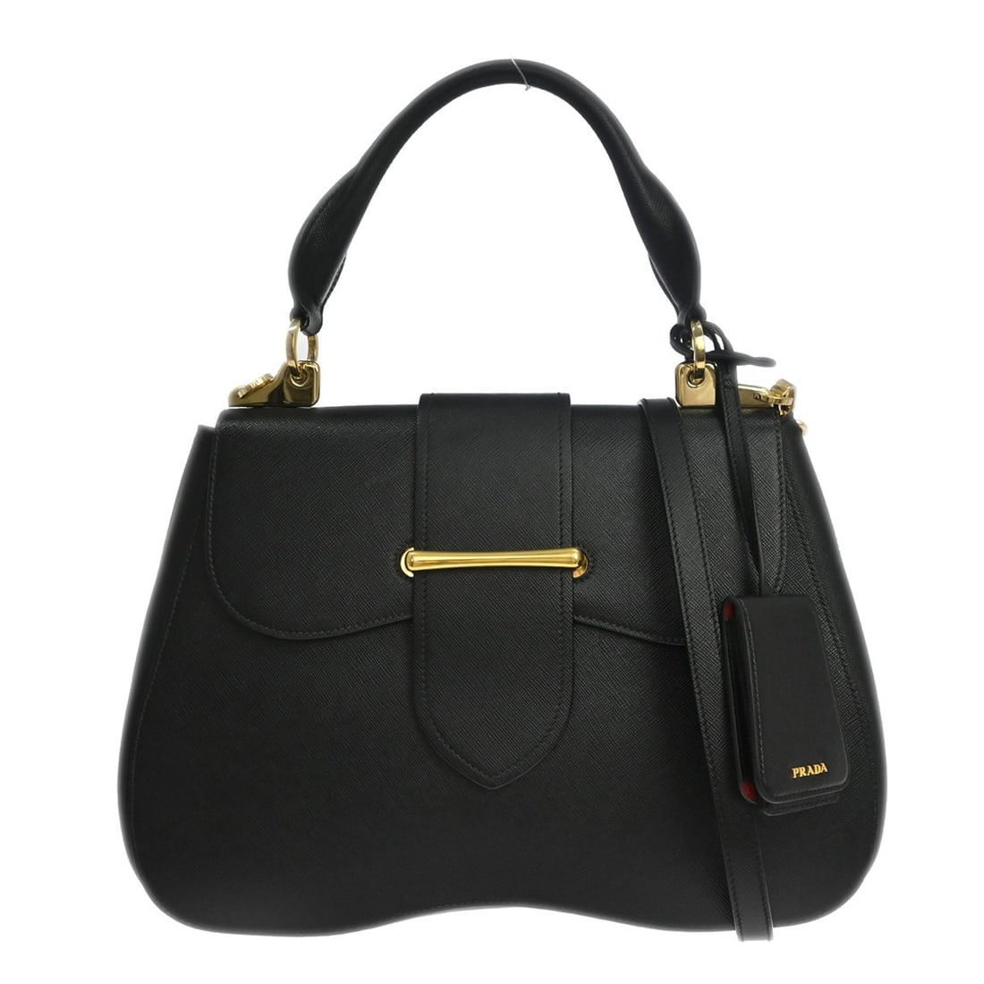 Prada Sidonie black leather top handle handbag with shoulder strap: Prada Sidonie black leather top handle handbag with shoulder strap Vintage Prada Sidonie top handle bag in black leather with a black canvas lining. This 2-way handbag features both a top handle and a