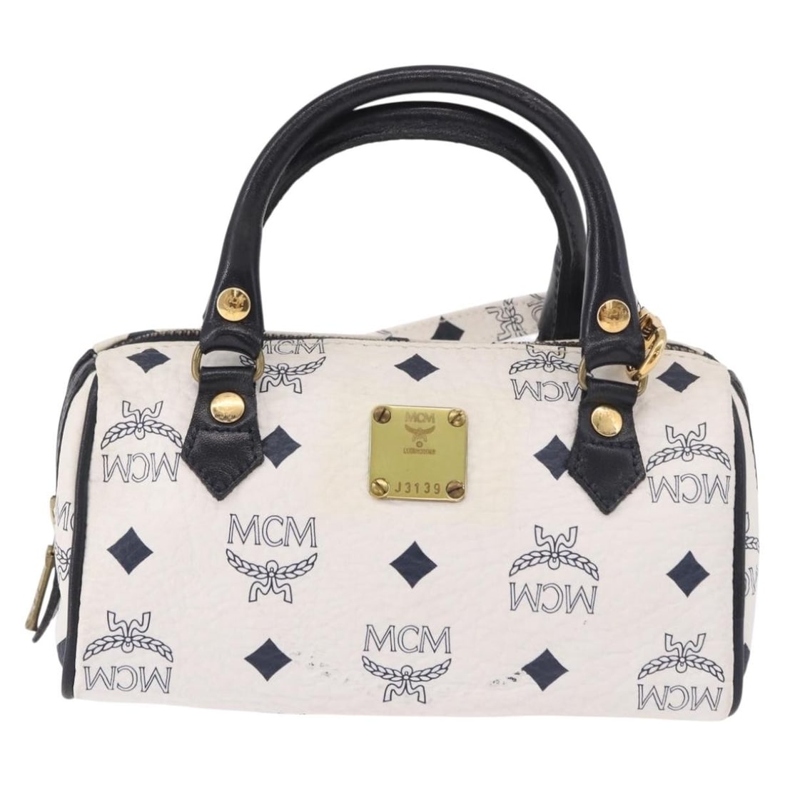 MCM Visetos white leather women's bag 18cm x 10cm x 8cm: MCM Visetos white leather women's bag 18cm x 10cm x 8cm MCM Visetos leather item in white, designed for female use. Made in Germany, it measures 18 cm x 10 cm x 8 cm and is described as being in good 