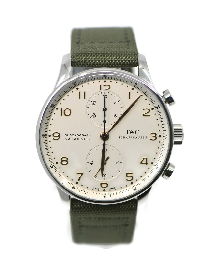 IWC Portuguese IW371401 Chronograph Mens Automatic Wristwatch Steel: IWC Portuguese IW371401 Chronograph Mens Automatic Wristwatch Steel IWC Portuguese Chronograph stainless steel wristwatch, reference IW371401. It features a silver smooth bezel, round silver case, whi