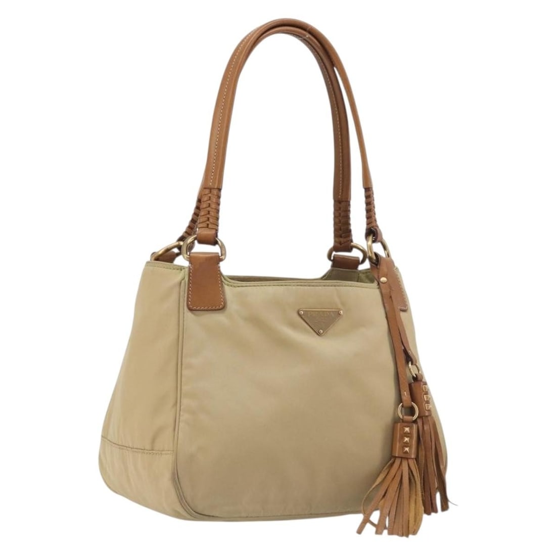 PRADA Beige Gold Nylon Tote Bag with Guarantee Card: PRADA Beige Gold Nylon Tote Bag with Guarantee Card Prada tote bag in beige and gold nylon with a guarantee card included. Made in Italy, this women's bag shows reasonable wear and tear with slight ru